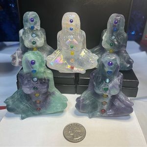 Fluorite Meditating Chakra Goddesses. Crystal Carvings